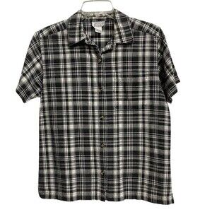 Jennifer Moore Black White Plaid Button Down Shirt Size S Short Sleeve Cotton*
